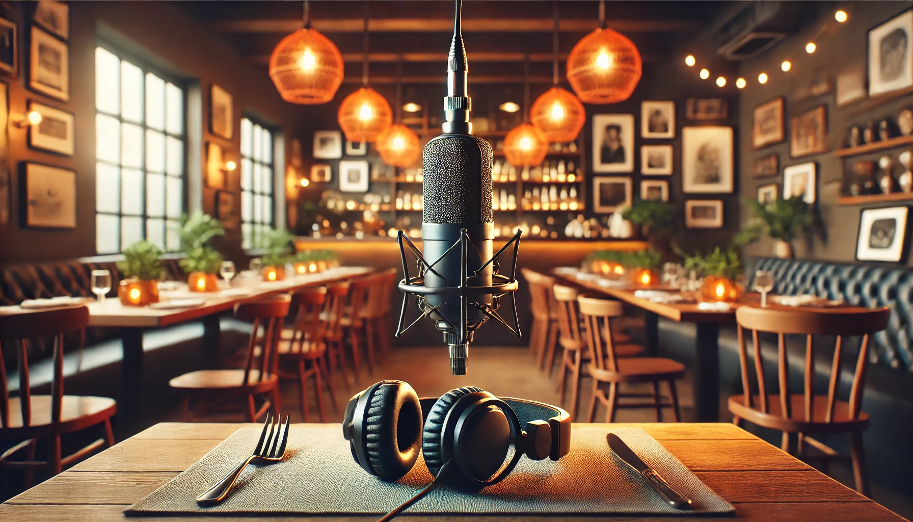 Restaurant interior with warm lighting and framed photos